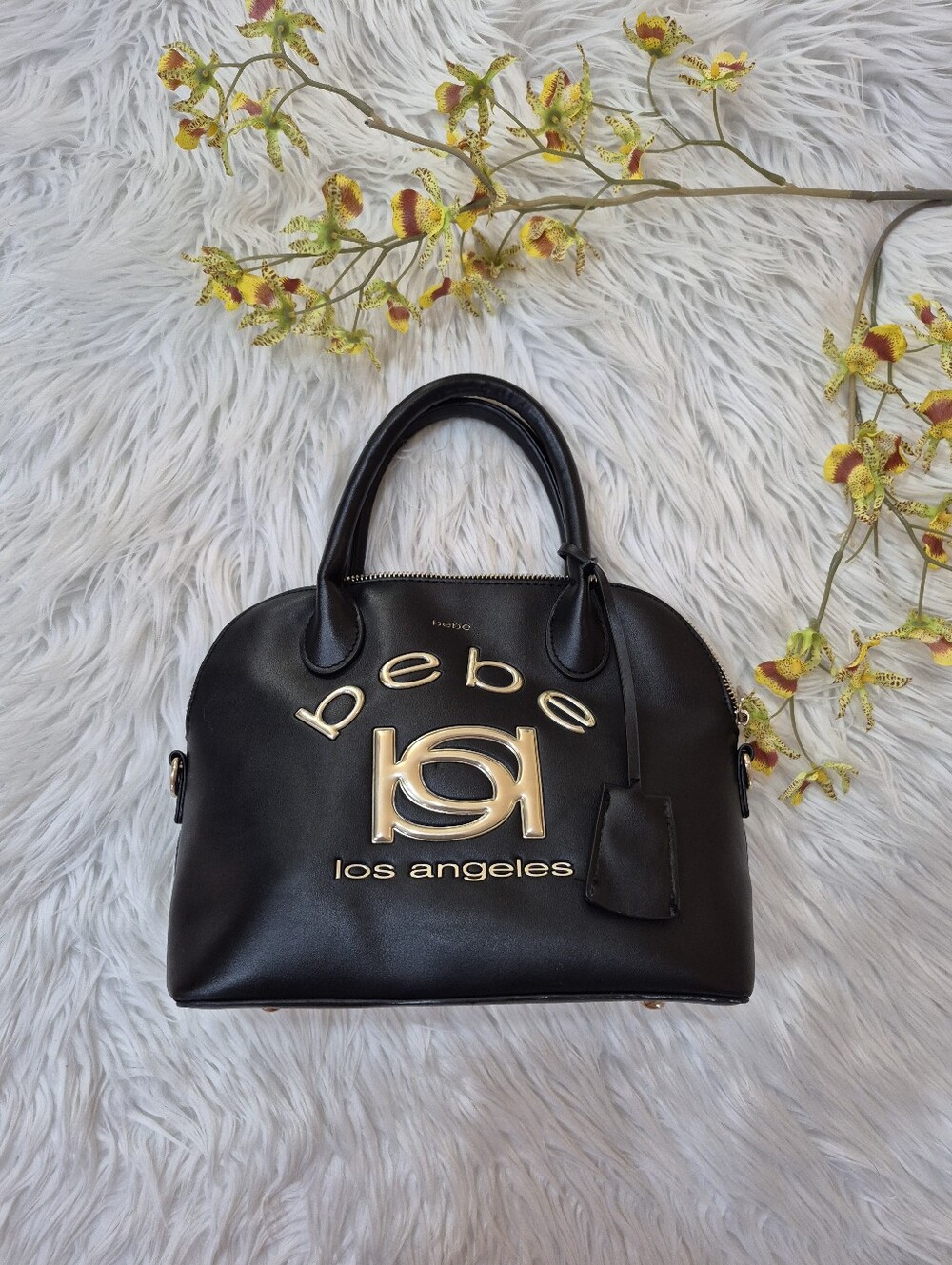 bebe Los Angeles Black Dome Satchel with Gold Logo